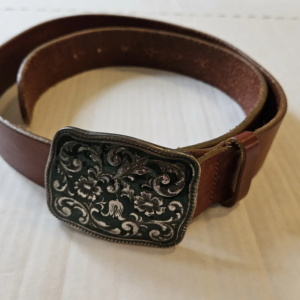 Vintage Gap Leather Brown Belt Silver Green Enamel Buckle Italy L